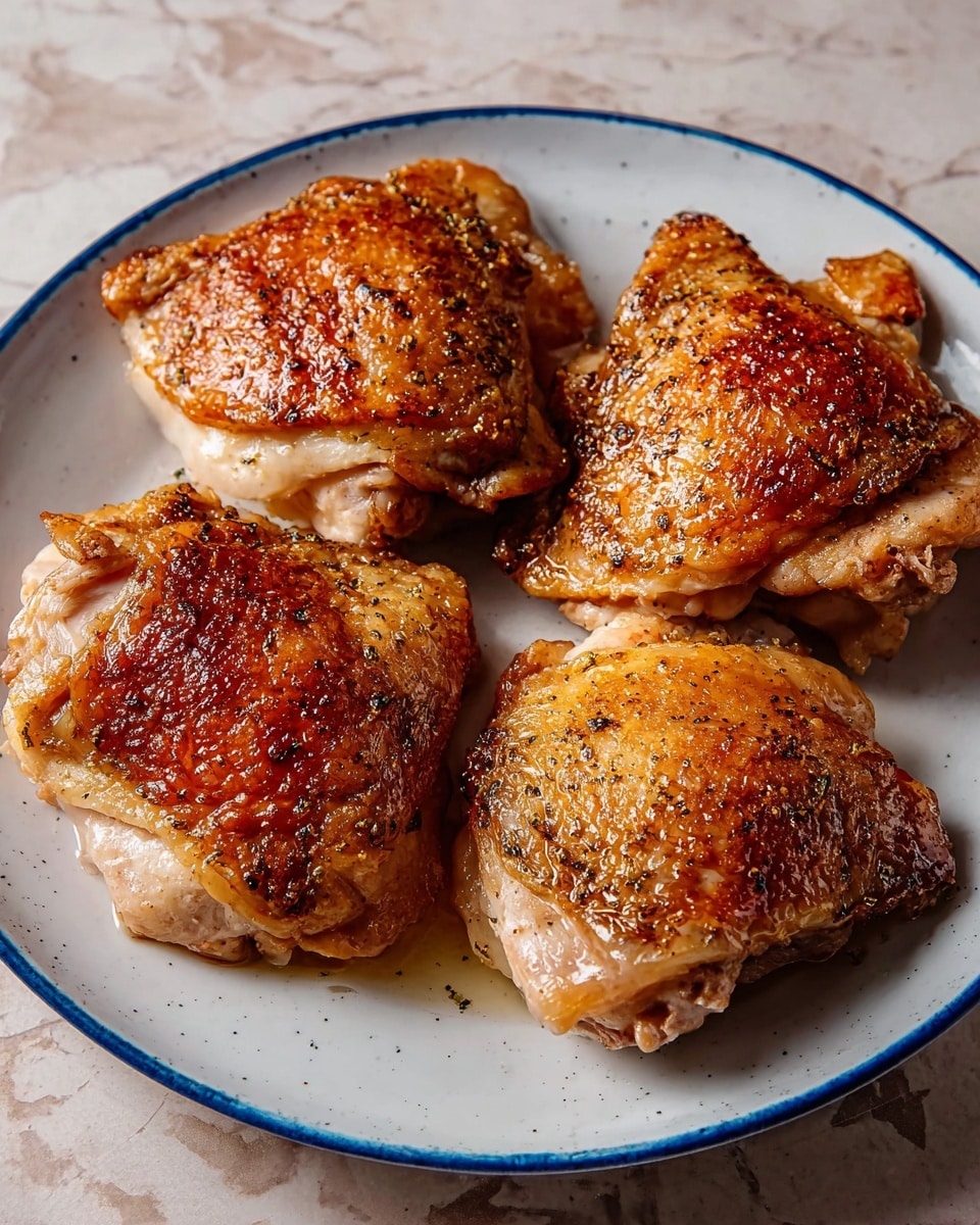A white plate with a blue rim holds four pieces of cooked chicken thighs evenly spaced. Each piece has a top layer of crispy, golden brown skin with a slightly bumpy texture and some shiny spots. Below the skin, the chicken meat is light beige with some darker browned edges visible. The plate sits on a white marbled surface with soft lighting highlighting the golden color of the chicken skin. photo taken with an iphone --ar 4:5 --v 7