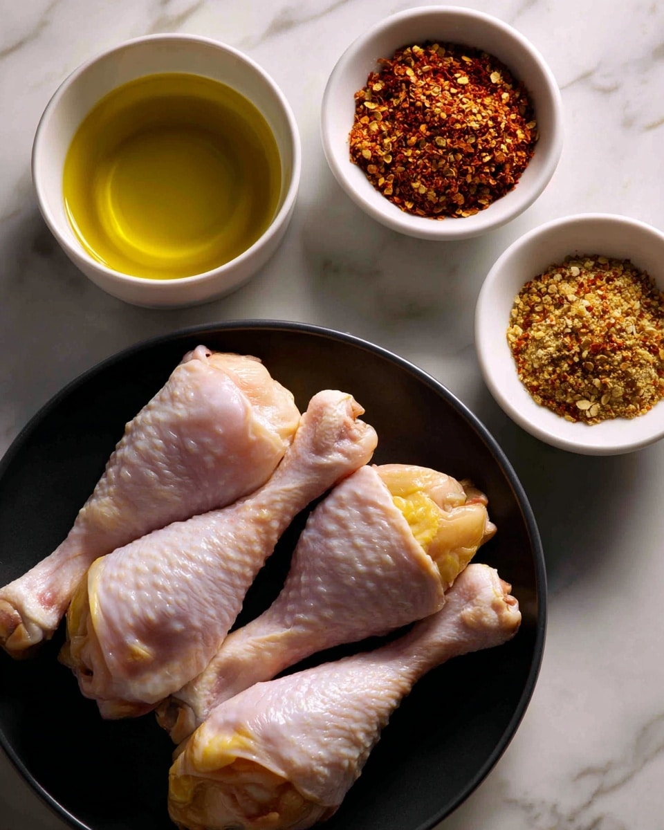 A white round bowl filled with golden yellow olive oil is placed at the top left on a white marbled surface. To its right, a white round bowl contains a coarse textured spice mix in reddish-brown shades. Below both bowls, there is a black round plate piled with several raw chicken drumsticks showing pale pinkish skin with some yellow tones near the ends. The scene is evenly lit from above, creating soft shadows around the objects. Photo taken with an iphone --ar 4:5 --v 7