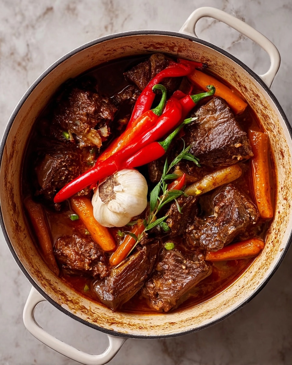A white pot filled with a rich stew showing several layers: the bottom layer is a thick, dark brown sauce; scattered on top are chunks of cooked dark brown meat; long, thin orange carrot sticks are spread throughout; two whole bright red peppers with green stems sit near the top; and a whole bulb of garlic with white skin is placed in the middle side. The pot rests on a white marbled surface. photo taken with an iphone --ar 4:5 --v 7