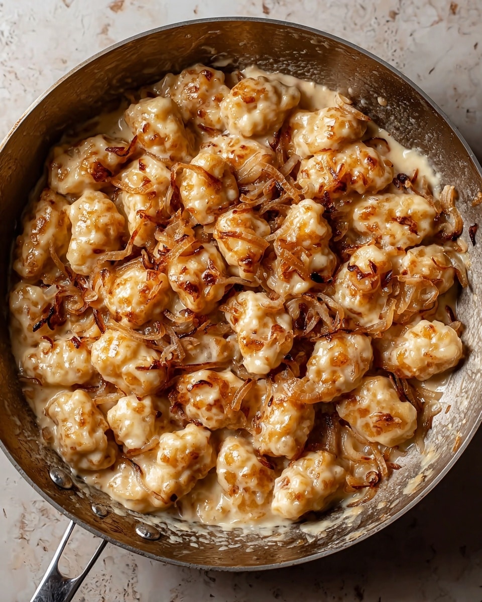 A round metal pan filled with small, uneven, golden beige dumplings mixed with thin, light brown caramelized onion strands, all covered in a creamy light beige sauce, creating a rich, textured surface. The sauce clings to the dumplings and onions, making the dish look hearty and warm. The pan rests on a white marbled texture background, with the pan handle extending to the right. The overall dish has a comforting, rustic look with a slightly shiny finish. photo taken with an iphone --ar 4:5 --v 7