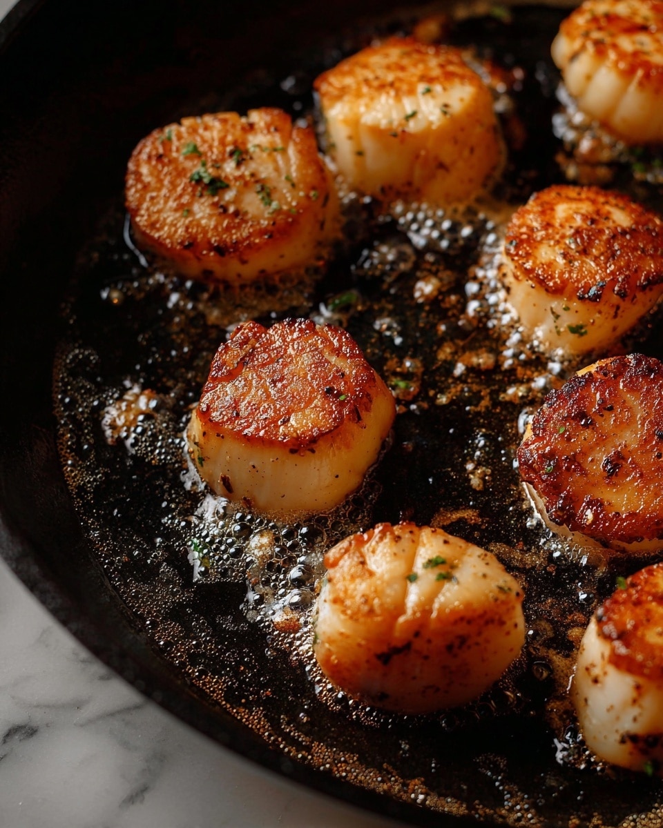 A close-up view of seven seared scallops cooking in a black cast iron pan. Each scallop is golden brown on the top, with a slightly crispy texture, and creamy white on the sides, showing their round shape and plump size. The pan has small bubbles of oil around the scallops, with some dark caramelized spots adding texture. The background is a white marbled texture. photo taken with an iphone --ar 4:5 --v 7