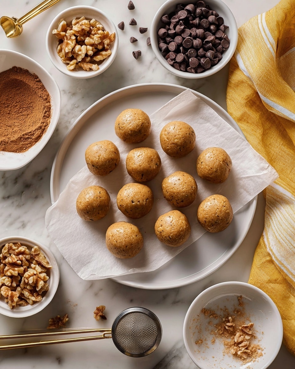A round white plate with a piece of parchment paper holds twelve small, light brown dough balls arranged in a loose circle with one in the middle. The dough balls have a smooth yet slightly cracked texture. Around the plate are small white bowls; one filled with chopped walnuts, another with dark brown chocolate chips, and a third with scattered chocolate chips nearby. There is a white dish on the top left with a gold tea infuser resting on cinnamon powder. A larger white dish at the bottom right has remnants of dough and a metal cookie scoop inside. The background is a white marbled surface with a yellow and white cloth folded next to the walnut bowl. Photo taken with an iphone --ar 4:5 --v 7