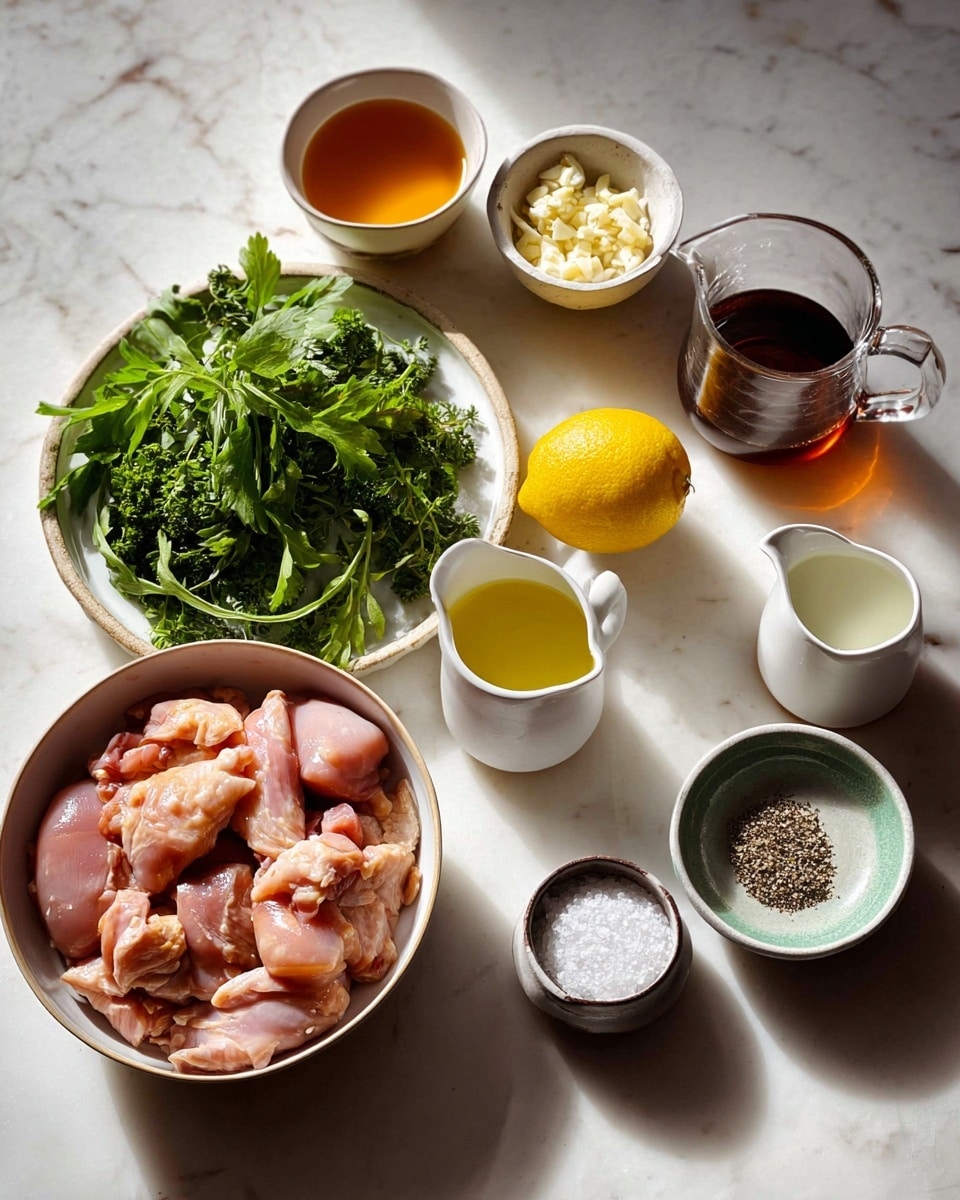 A white oval bowl filled with raw, light pink chicken pieces sits at the bottom left. To its right, three small white cups and pitchers hold different liquids: a light orange oil, a clear pale yellow liquid, and a white creamy substance. Above the chicken, a small white plate holds fresh green herbs, one side curly and dark green, the other smooth and bright green. To the left of the herbs, there is a whole yellow lemon. At the top center, a small white bowl contains finely chopped light beige garlic. On the top right, another small white bowl holds coarse white salt and ground black pepper. To the left above the lemon, there is a small white jug with dark amber liquid. All items are arranged on a white marbled surface with soft natural light, casting gentle shadows. Photo taken with an iphone --ar 4:5 --v 7