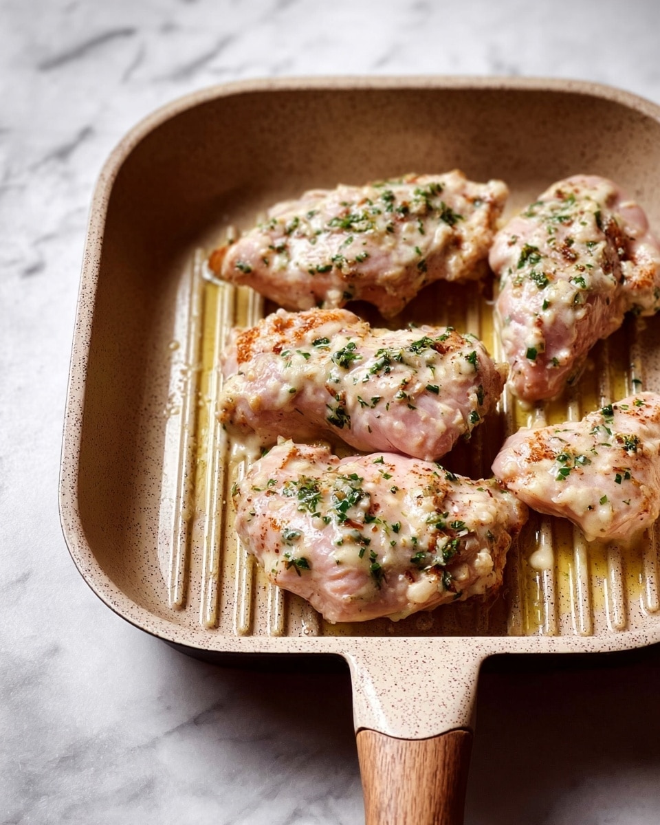 Four pieces of light pink seasoned raw chicken with small green herb bits on top sit spaced out in a beige grill pan. The chicken has a creamy sauce covering parts of it, giving it a slightly shiny and smooth texture. The pan is sitting on a white marbled surface, and some oil droplets are visible around the chicken. The pan has raised ridges and a speckled handle. photo taken with an iphone --ar 4:5 --v 7