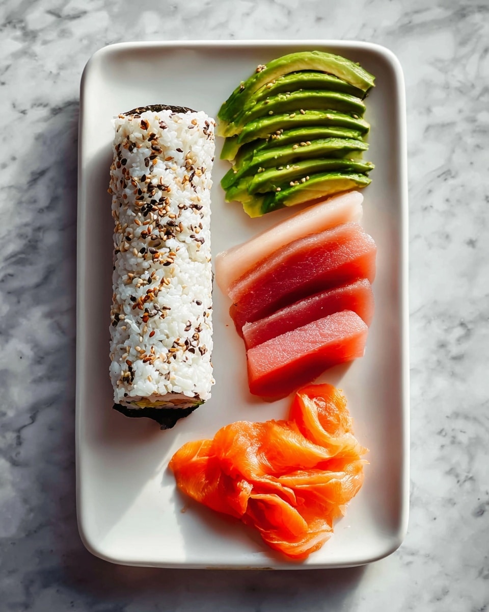 A white rectangular plate on a white marbled surface holds a sushi roll and three separate ingredients arranged in rows. On the left side of the plate is a sushi roll covered in white rice speckled with black sesame seeds, with a small edge of dark seaweed visible at the top and bottom. On the right side, from top to bottom, there is a row of thin, bright green slices of avocado layered slightly over each other, below that a row of smooth, light pink raw tuna slices arranged side by side, and at the bottom a row of orange, slightly translucent raw salmon slices fanned out elegantly. The lighting is soft, highlighting the colors and textures clearly. photo taken with an iphone --ar 4:5 --v 7