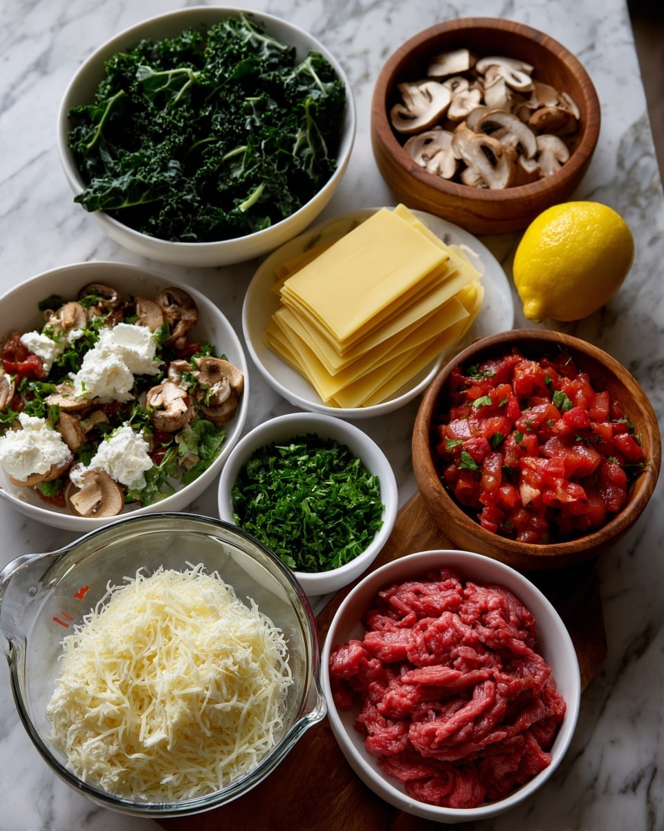 The image shows various ingredients laid out on a white marbled surface. Starting from the top left, there is a white bowl filled with dark green kale leaves, next to a wooden bowl containing sliced light brown mushrooms. Below the mushrooms, there are several pale yellow no-boil lasagna sheets stacked neatly. To the right of the lasagna sheets is a bright yellow lemon. Further right, a white bowl holds fire-roasted diced tomatoes in deep red color with a chunky texture. Below the tomatoes, another white bowl contains finely chopped green parsley. At the bottom left, a clear glass measuring cup is filled with shredded white mozzarella cheese. Next to it, a white bowl holds rich red grass-fed beef, and to the right, a wooden bowl contains white ricotta cheese with a soft texture. Photo taken with an iphone --ar 4:5 --v 7