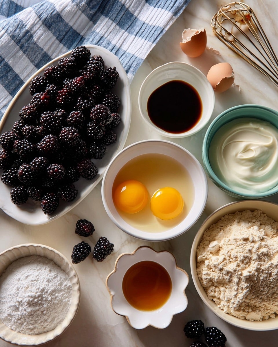 The image shows several small white bowls and a white plate with ingredients for baking arranged on a white marbled surface. There is a white plate piled with blackberries that are glossy and dark purple-black in color. A bowl contains two raw eggs with bright yellow yolks floating in the clear whites. Another bowl is filled with a smooth, white creamy substance. A small bowl holds a dark brown liquid, likely vanilla extract. A scalloped white dish has a fine white powder, probably baking powder or sugar. One bowl contains light brown liquid, and another has flour with a powdery, off-white texture. Around the bowls, a few loose blackberries are scattered. A blue and white checkered cloth is partially visible beside a metal whisk on the surface. Photo taken with an iphone --ar 4:5 --v 7