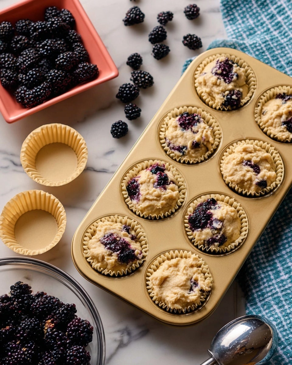 A gold-colored muffin tray holds eight cupcake liners filled with light beige batter mixed with dark purple blackberries, showing a rough, chunky texture with pieces of berries both inside and on top. Four liners remain empty in the tray. Above the tray, scattered fresh blackberries rest on a white marbled surface. To the left, a coral square bowl is filled with blackberries, and two empty beige cupcake liners sit nearby. A clear glass bowl filled with the same batter and blackberries sits partially visible in the lower left corner. On the right side, a silver ice cream scooper rests on one cupcake liner, and a blue and white checkered cloth lies under it on the white marbled surface. Photo taken with an iphone --ar 4:5 --v 7