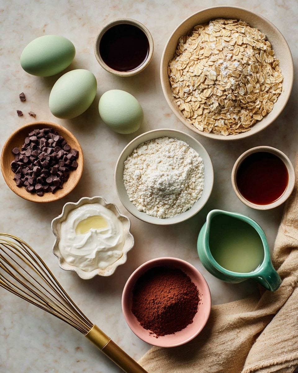 A flat lay of baking ingredients is shown on a white marbled surface. Near the top center, two pale green eggs sit side by side. Around them are nine small bowls: a white bowl with dark brown vanilla extract at top right, a pink bowl filled with cocoa powder at top left, a light green bowl with white thick cream at middle right, a small white flower-shaped dish with white powder near the center, a wooden bowl with rolled oats at middle left, a white bowl with small dark chocolate chips near bottom left, and a white bowl with light beige flour at bottom right. Nearby is a small green ceramic pitcher with liquid at bottom center. Scattered oats and chocolate chips are on the surface. A gold whisk rests on a light beige cloth near bottom right. Photo taken with an iphone --ar 4:5 --v 7