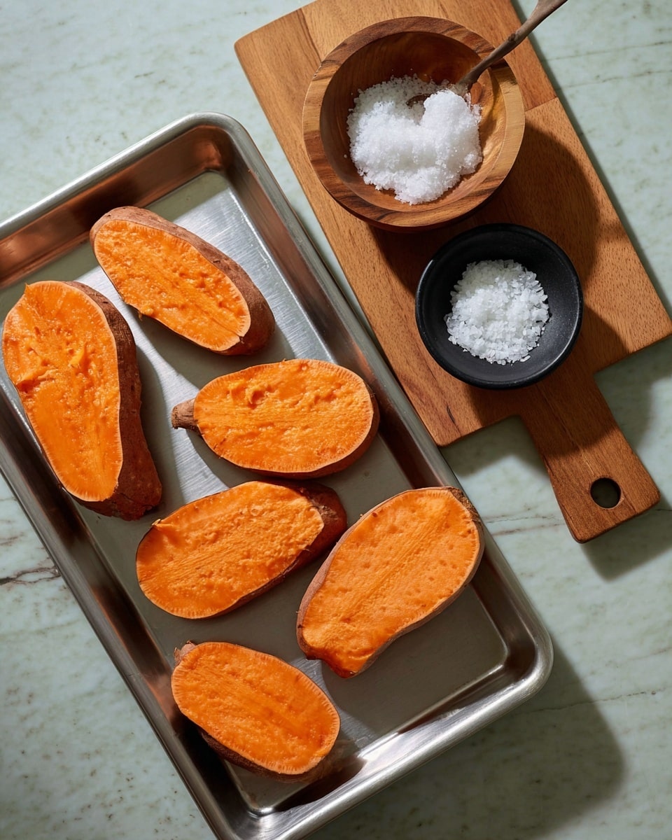 The image shows a silver baking tray holding six orange sweet potato slices, each with rough textured skin edges and smooth bright orange interiors, arranged in a scattered pattern. Next to the tray, there is a small wooden bowl filled with coarse white salt, and above it a small black bowl holding white coconut oil, placed on a wooden cutting board with a rounded handle. All items rest on a white marbled surface. Photo taken with an iphone --ar 4:5 --v 7