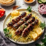 Chicken Kofta Kebabs with Lemon Rice and Greek Dips Recipe