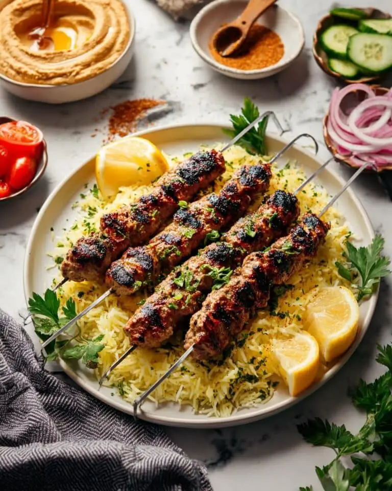 Chicken Kofta Kebabs with Lemon Rice and Greek Dips Recipe