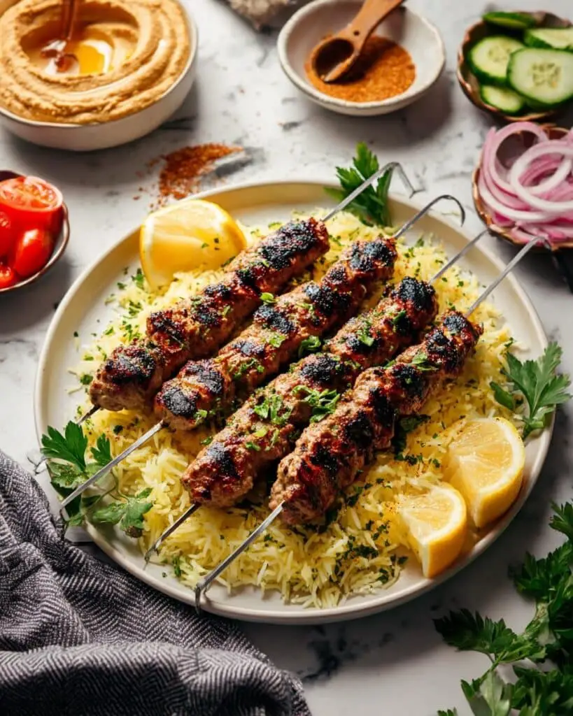 Chicken Kofta Kebabs with Lemon Rice and Greek Dips Recipe