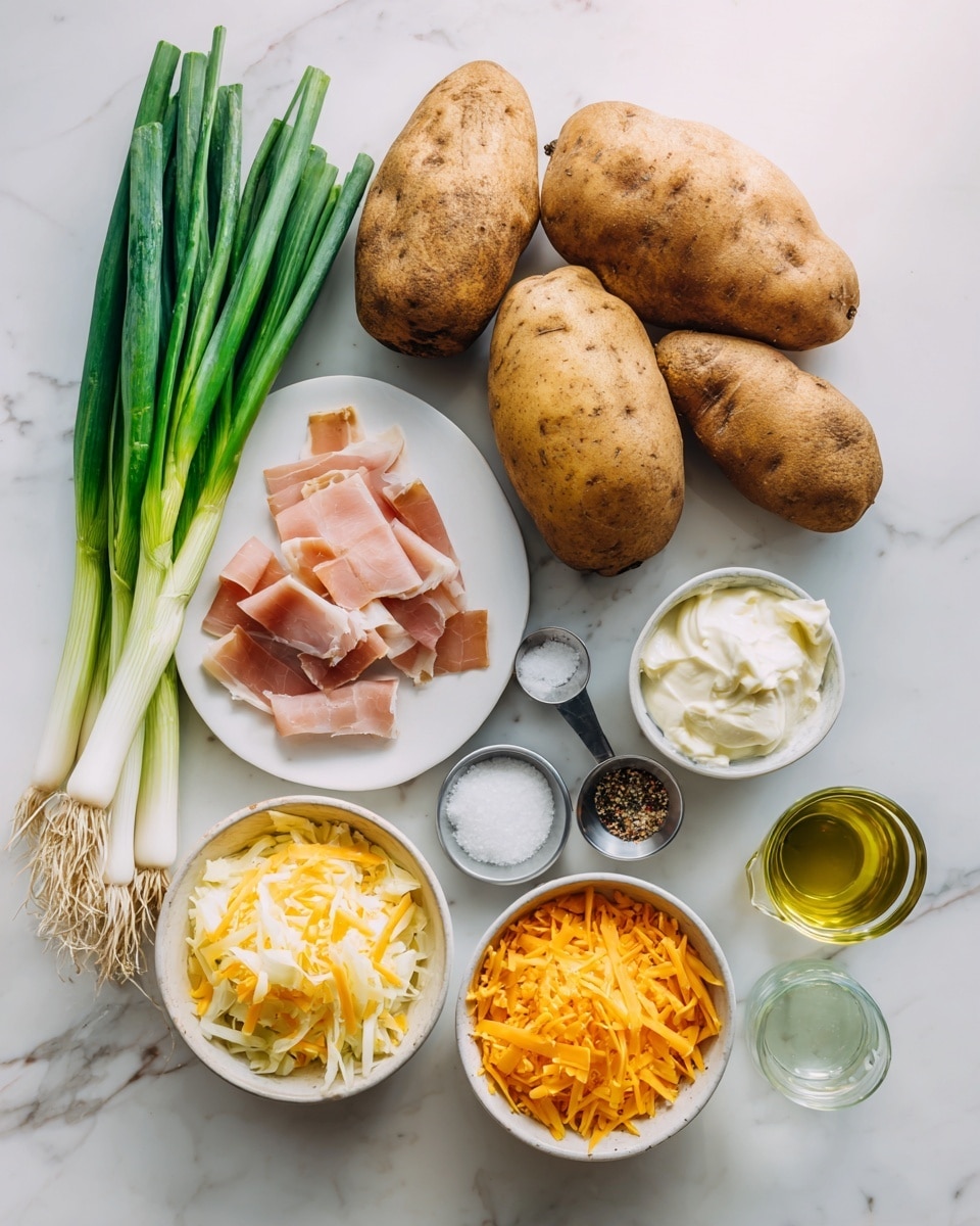 The image shows ingredients for a loaded baked potato salad laid out on a white marbled surface. There are three large russet potatoes with rough brown skin placed in the center. To the left, a bunch of fresh green spring onions with white roots rests beside a white plate holding several thin, pale pink slices of prosciutto. Below the potatoes, two metal measuring cups contain creamy white Greek yogurt and pale yellow mayonnaise. To the right, a shallow white bowl holds bright orange shredded cheddar cheese. Above the potatoes, a small white dish is divided in half with salt and black pepper. Nearby, a small white cup holds light apple cider vinegar, and a small glass cup with pale green olive oil is set to the right. All ingredients are neatly arranged and well lit with soft natural light, photo taken with an iphone --ar 4:5 --v 7