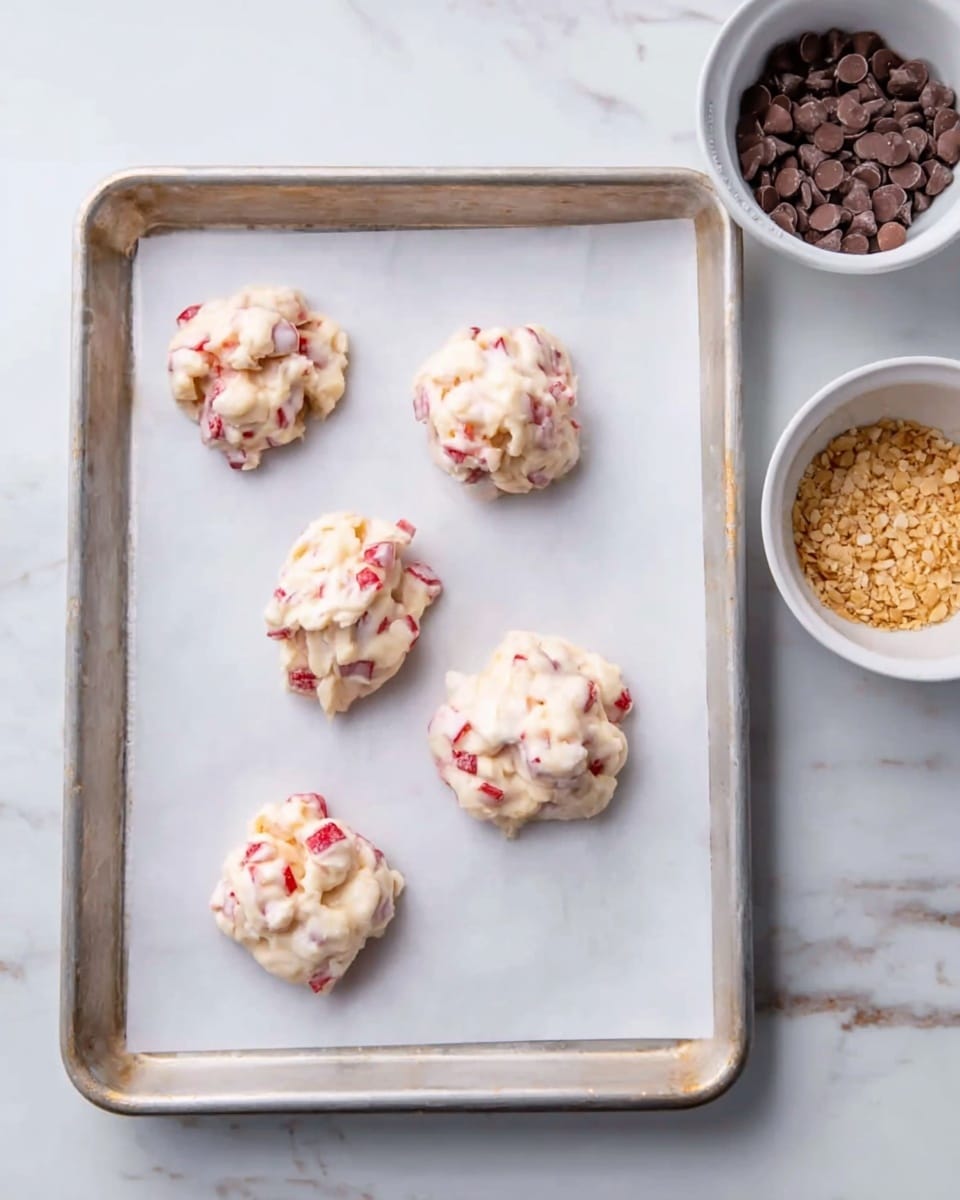 The image shows a silver baking tray lined with white parchment paper holding five small, round clusters of a creamy white mixture with chunks of red and light beige pieces visible throughout. In the top right corner, two white bowls are partly visible; one filled with small tan-colored bits and the other with dark brown round pieces. The tray is placed on a white marbled surface. Photo taken with an iphone --ar 4:5 --v 7