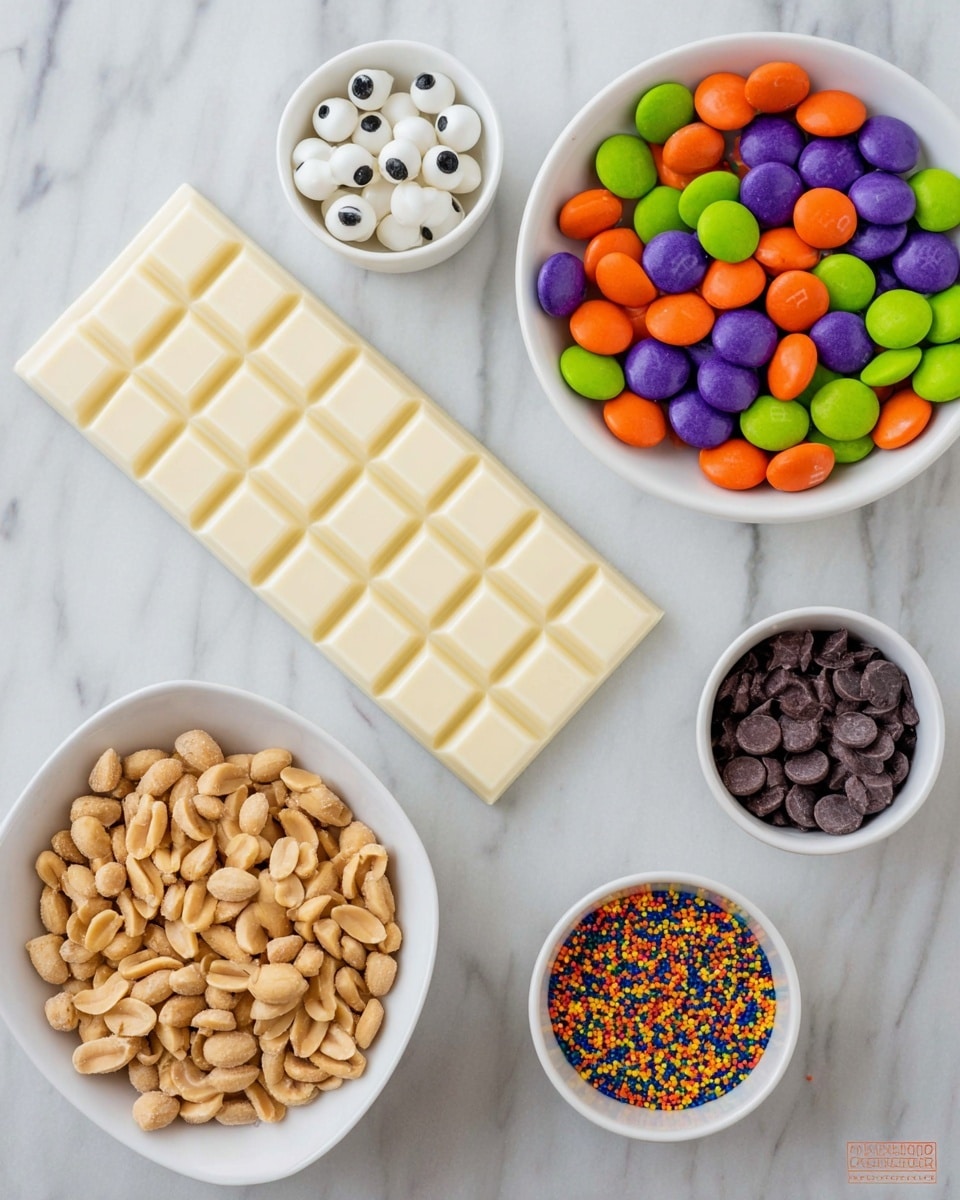 The image shows a white chocolate bar in the center on a white marbled surface, divided into 12 squares. Around it are four white bowls: the top right bowl is filled with colorful candy-coated chocolates in purple, orange, green, and red; the bottom left bowl holds whole roasted peanuts with a light brown color; the bottom right bowl contains small, round sprinkles in black, orange, green, and blue; and the top left bowl has small white candy eyes with black centers. Photo taken with an iphone --ar 4:5 --v 7