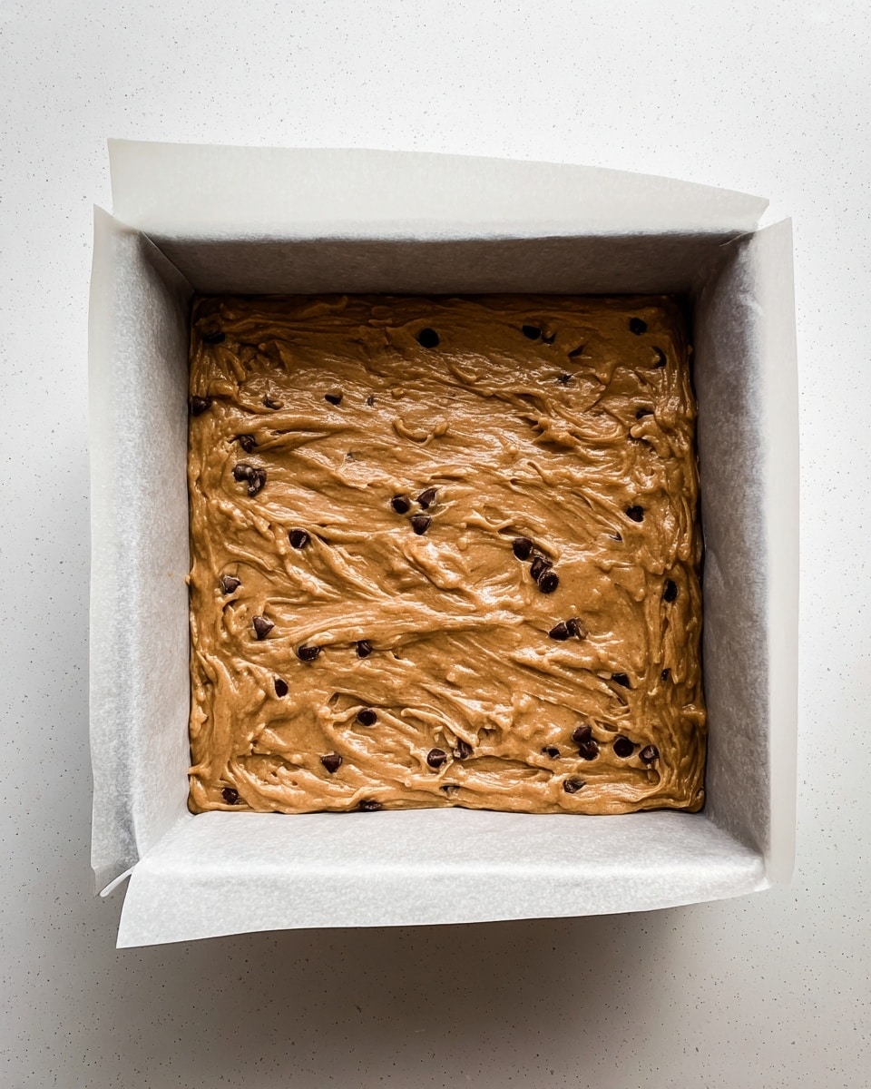 The image shows a square metal baking pan lined with white parchment paper that extends beyond the edges. Inside the pan is a thick, even layer of light brown batter speckled with small dark chocolate chips spread throughout. The batter has a slightly swirled and textured surface. The pan rests on a white marbled surface, creating a clean and bright background. photo taken with an iphone --ar 4:5 --v 7