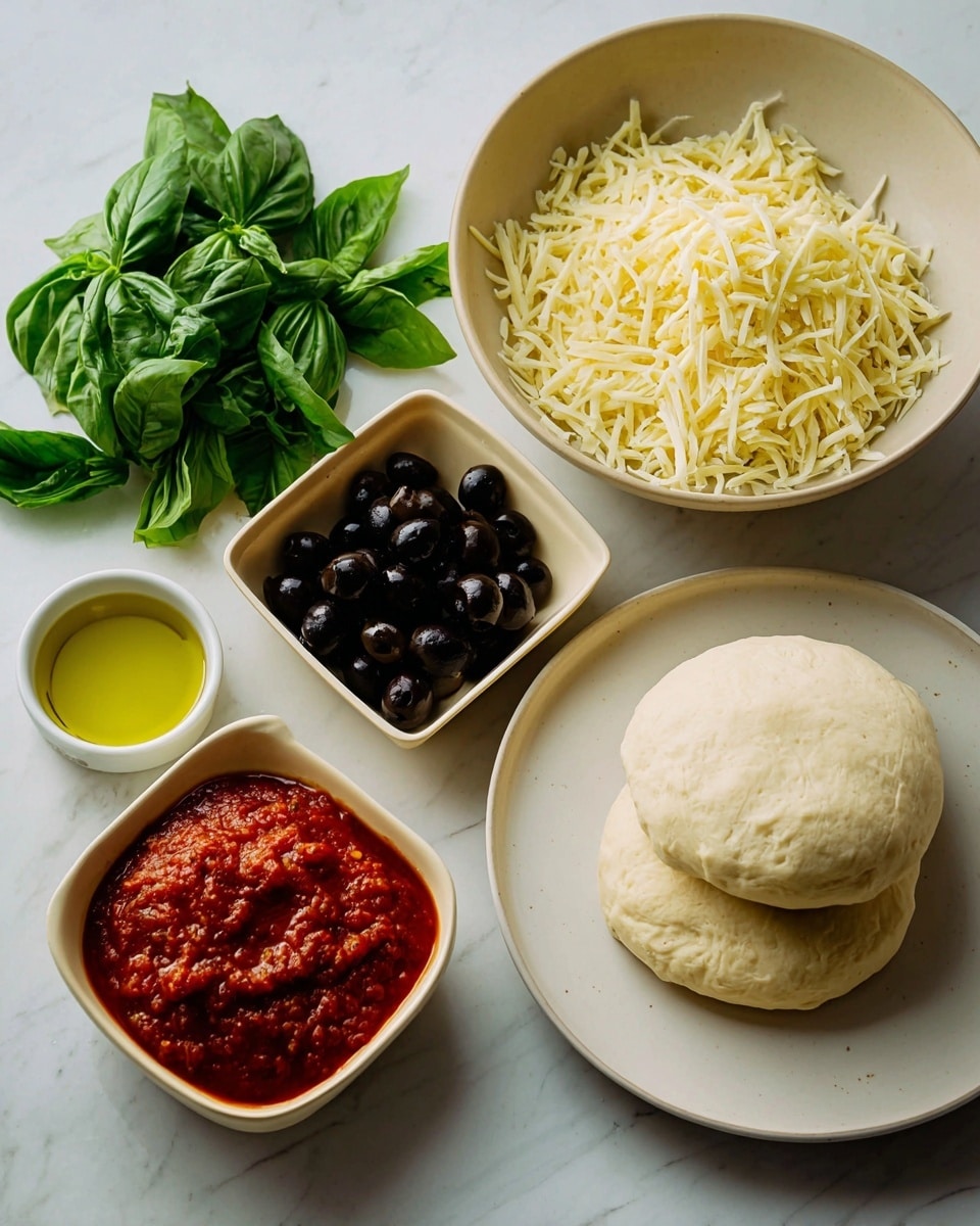 The image shows raw pizza ingredients arranged on a white marbled surface, with a stack of pale beige pizza dough disks placed on a white plate on the right side. Above the dough is a white bowl filled with shredded pale yellow cheese. To the left of the dough, there is a small beige square dish with shiny black olives, and above that, a small white round bowl containing a light green liquid, likely olive oil. Above the oil is a beige square bowl filled with chunky, deep red pizza sauce. On the far left, bunches of fresh green basil leaves rest loosely on the surface. All items are neatly spaced and displayed clearly. Photo taken with an iphone --ar 4:5 --v 7