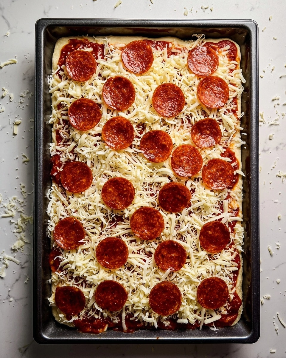 A rectangular dark metal baking pan holds an uncooked pizza with three visible layers: the bottom layer is a light-colored pizza dough, the middle layer consists of a red tomato sauce closely spread over the dough, and the top layer is shredded white cheese scattered thickly and evenly covering the surface. On top of the cheese, there are many round pepperoni slices placed evenly across the entire pizza. The pan is set on a white marbled surface with some bits of shredded cheese scattered around. Photo taken with an iphone --ar 4:5 --v 7