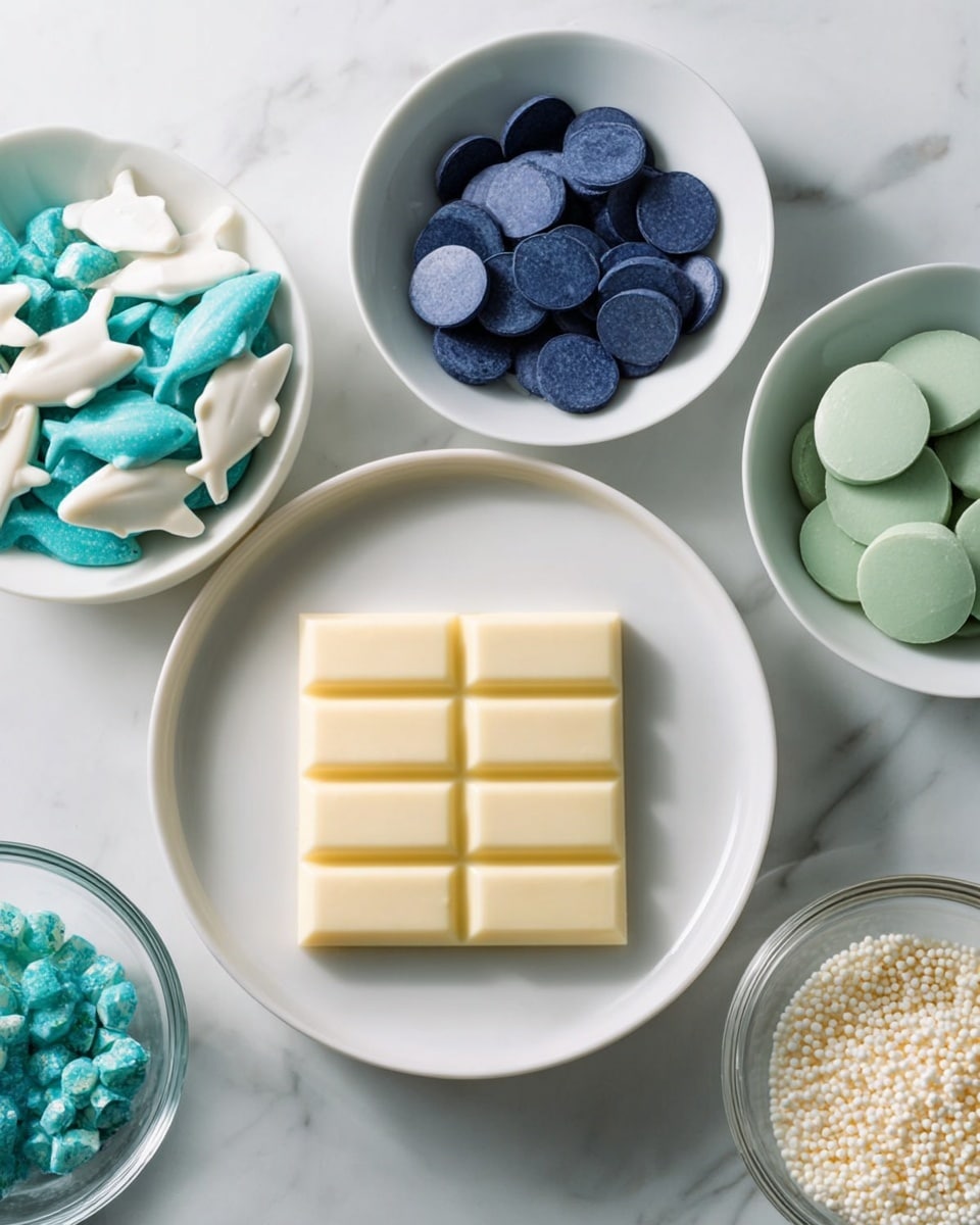 A white plate holds a square block of white chocolate with six distinct segments, centered in the image. Surrounding the plate on a white marbled surface are four small white bowls: the top left bowl contains white and teal shark-shaped candies; the top right bowl has round, flat, dark blue discs of chocolate; the bottom right bowl holds round, flat, light green discs of chocolate; the bottom right small glass bowl is filled with small white candy sprinkles. The scene is bright and clean, showing the different textures and colors clearly. Photo taken with an iphone --ar 4:5 --v 7