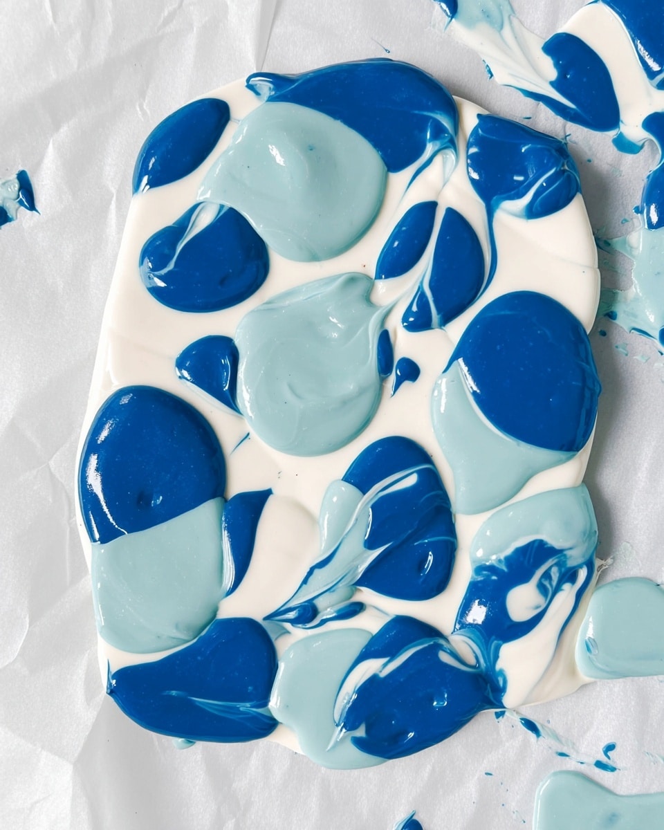 This image shows a flat mix of three layers of melted chocolate spread on white parchment paper over a white marbled surface. The base layer is white chocolate, irregularly shaped with thick blue chocolate patches scattered on top, forming large rounded blobs. Light blue chocolate forms smaller blobs layered loosely over some blue and white areas, creating a pattern of overlapping colors and smooth, glossy textures with some swirled details. Photo taken with an iphone --ar 4:5 --v 7