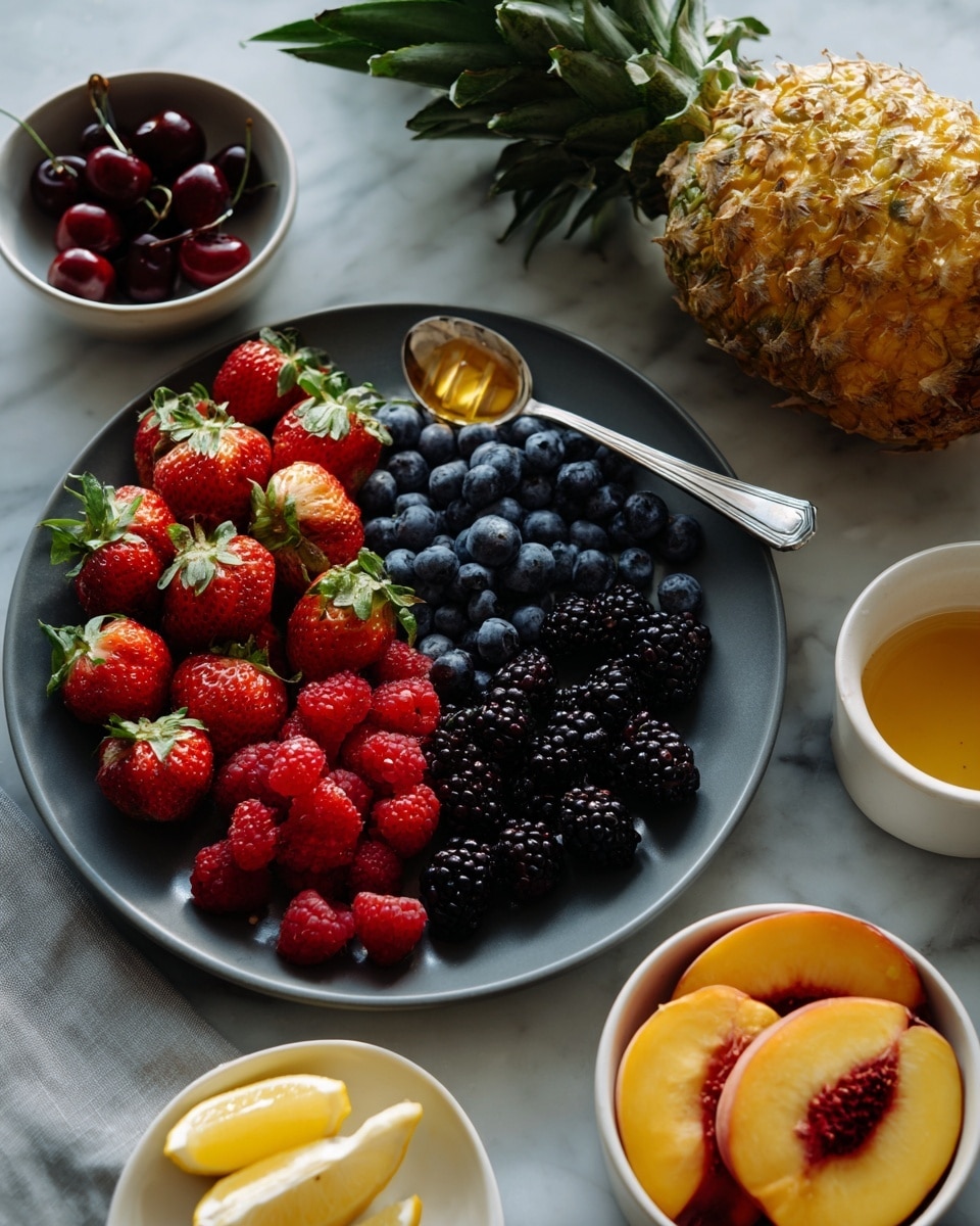 A dark gray round plate filled with four sections of fresh berries: bright red strawberries with green leaves on the left, dark blue blueberries on the top, bright red raspberries on the right, and deep black blackberries on the bottom. To the top right, there is a small white bowl with golden brown honey and a silver spoon inside. To the far right, a whole pineapple with its rough yellow and green skin and green spiky leaves is placed on a white marbled surface. At the bottom left, a small white bowl holds dark red cherries. At the bottom right, a white bowl contains two halved peaches showing orange flesh and brown pits, along with lemon wedges that are bright yellow. The setting is clean and bright. Photo taken with an iphone --ar 4:5 --v 7