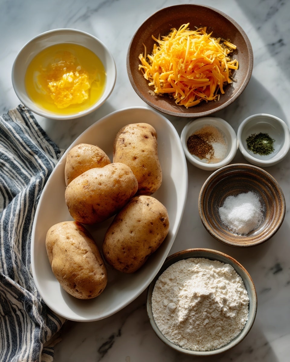 The image shows a top view of several ingredients arranged neatly on a white marbled surface. In the center, there is an oval white plate with four whole brown potatoes with rough skin. To the left, there is a small white bowl filled with a yellow beaten egg mixture. Above it, there is a small white bowl with shredded orange cheese. To the right of the cheese bowl, a round rustic bowl contains four different spices: black pepper, onion powder, garlic powder, and salt, each piled separately. Next to this is another round rustic bowl filled with white flour. A striped cloth is placed in the top left corner. The photo taken with an iphone --ar 4:5 --v 7