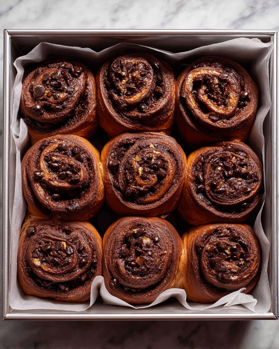 Nine chocolate cinnamon rolls sit closely packed in a silver square baking pan lined with white parchment paper. Each roll has a thick, dark brown dough forming a spiral with visible layers filled with chocolate chips and a lighter brown cinnamon-sugar mixture. The rolls are soft and slightly raised, giving a fluffy texture impression. The background surface is a white marbled texture. photo taken with an iphone --ar 4:5 --v 7