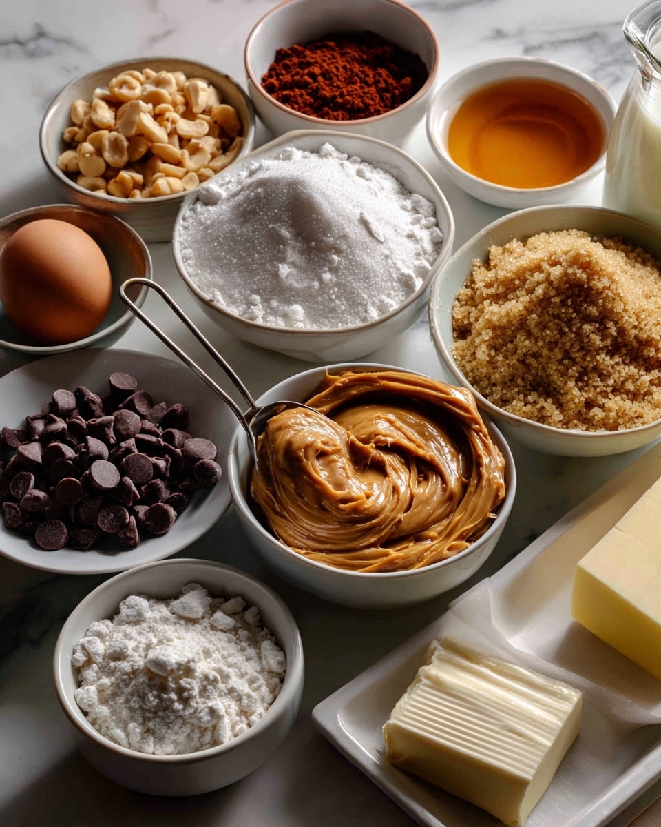 The image shows several small white bowls and dishes arranged on a white marbled surface, each holding different baking ingredients. At the center, there is a white bowl with sugar split in half by texture and color: white granulated sugar on the left and brown sugar on the right. Below it, a metal measuring cup contains smooth, creamy peanut butter with a swirl pattern visible. To the left, a white bowl filled with white flour sits next to two other white bowls, one filled with lighter tan peanut butter chips and the other with dark chocolate chips. Above the sugar bowl, a small white dish holds reddish-brown cocoa powder. To the right side, a white rectangular dish contains amber vanilla liquid, with an egg and a clear glass with milk placed nearby. In the lower right corner, a small white plate holds three white powders labeled salt, baking powder, and baking soda. A stick of butter wrapped in paper lies horizontally near the top right. The scene is well-lit, clean, and organized, emphasizing the different textures and colors of the ingredients photo taken with an iphone --ar 4:5 --v 7
