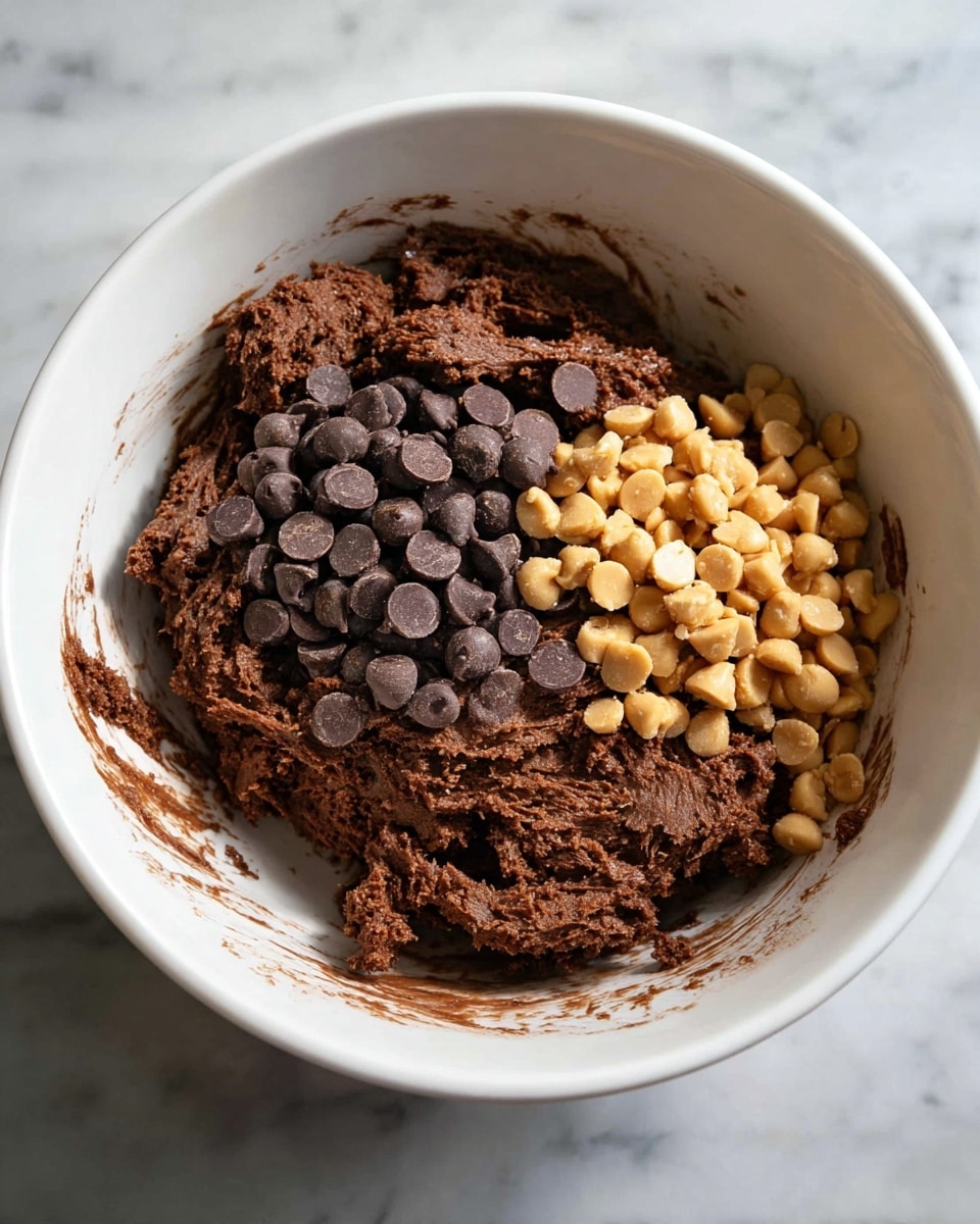 A white bowl sits on a white marbled surface, filled about halfway with thick, dark brown chocolate dough that has a rough texture. On top of the dough are two piles of chocolate chips: one pile of shiny dark chocolate chips on the right and one pile of smooth light brown peanut butter chips on the left, both sitting loosely but touching each other near the center. The inside walls of the bowl show some smudges of the dough. photo taken with an iphone --ar 4:5 --v 7