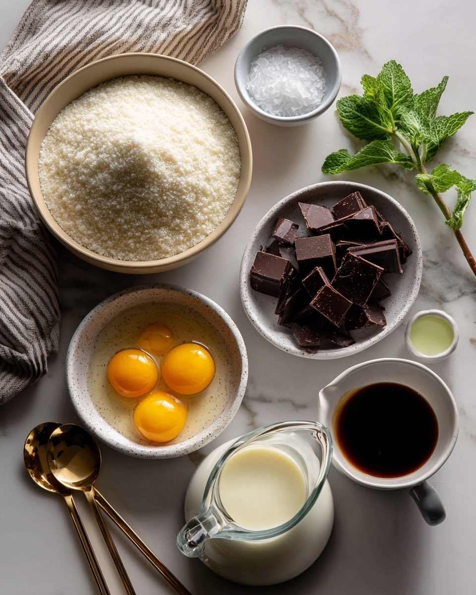 The image shows various baking ingredients arranged neatly on a white marbled surface. There is a beige bowl filled with fine white granulated sugar in the top left corner. To the right, a small white bowl holds coarse white sea salt. Next to it, a tiny white cup contains clear mint extract. Below, a white speckled bowl with four bright yellow egg yolks sits in the center. On the right, a white bowl is filled with small chunks of dark brown semisweet chocolate. Below, a white speckled measuring jug holds pale yellow heavy cream, and a small white cup filled with dark brown vanilla extract sits next to it. Finally, a clear glass pitcher contains white whole milk, positioned near two gold measuring spoons. A striped cloth napkin is placed on the left. The composition is simple and clean, with natural, soft lighting. photo taken with an iphone --ar 4:5 --v 7
