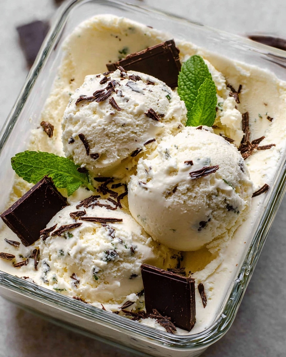 The image shows a clear glass container filled with creamy white ice cream that has small, thin dark chocolate pieces mixed in throughout. There are three rounded scoops of the ice cream placed on top, revealing a soft and smooth texture with scattered chocolate bits in each scoop. Around the scoops, there are a few larger dark chocolate chunks and two small green mint leaves placed on top of the ice cream for decoration. The container sits on a white marbled textured surface. photo taken with an iphone --ar 4:5 --v 7
