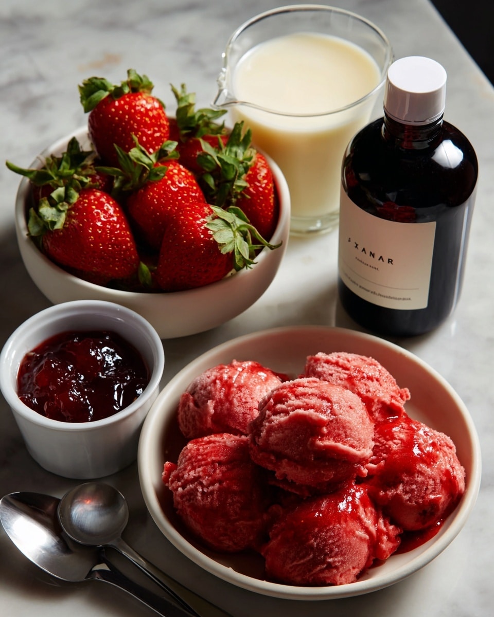 The image shows five items arranged on a white marbled surface: a small white bowl filled with several bright red strawberries with green tops; a white bowl filled with pale cream-colored milk; a black bottle with a white cap labeled vanilla; a small white dish holding shiny dark red strawberry jam; and a white tub of strawberry ice cream with green lid and colorful strawberry illustrations on the container. The setup is clean and simple with all items clearly visible and neatly placed. photo taken with an iphone --ar 4:5 --v 7