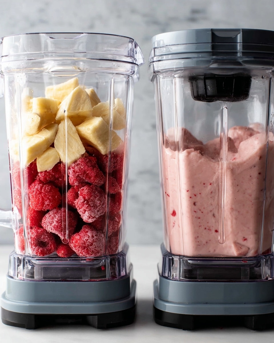 The image shows two clear blender containers side by side, both placed on a black blender base against a white marbled background. The container on the left is filled with two main layers: the bottom layer consists of whole frozen red strawberries with a slightly frosty texture, and the top layer has light yellow frozen banana chunks piled above the strawberries. The container on the right shows a creamy, smooth light pink mixture filling most of the container, with some uneven texture and small darker spots inside. The blender lid on the right container is gray with a black center piece visible. Photo taken with an iphone --ar 4:5 --v 7