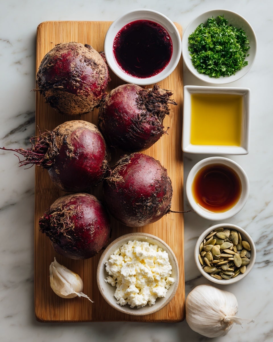 The image shows six red beets with rough brownish-red skins placed on a light wooden cutting board in the center-left. Surrounding the board on the right and top are small white bowls with various ingredients: finely chopped green parsley, deep red wine vinegar, golden yellow olive oil, dark brown balsamic vinegar in a square bowl, amber-colored maple syrup in a small square bowl, crumbled white feta cheese in a round bowl, and light green pepitas in a small bowl. In the middle near the board is one whole white garlic clove. All items are arranged on a white marbled surface, neatly spaced. Photo taken with an iphone --ar 4:5 --v 7