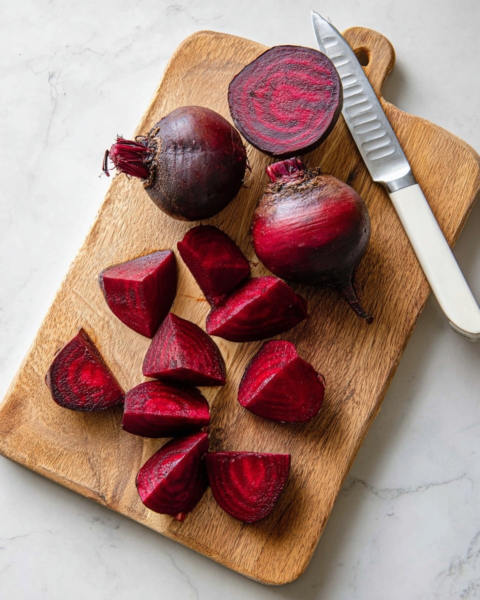 A wooden cutting board with a smooth grain pattern sits on a white marbled surface, holding three whole deep red beets and several beet pieces. The beet pieces are cut in different shapes: wedges, halves, and thick slices showing a rich, dark red color with natural beet textures and circular lines inside. A knife with a white handle and serrated blade rests on the top right corner of the board. The beets have a slightly shiny and moist look, and the cutting board is arranged neatly with no clutter photo taken with an iphone --ar 4:5 --v 7