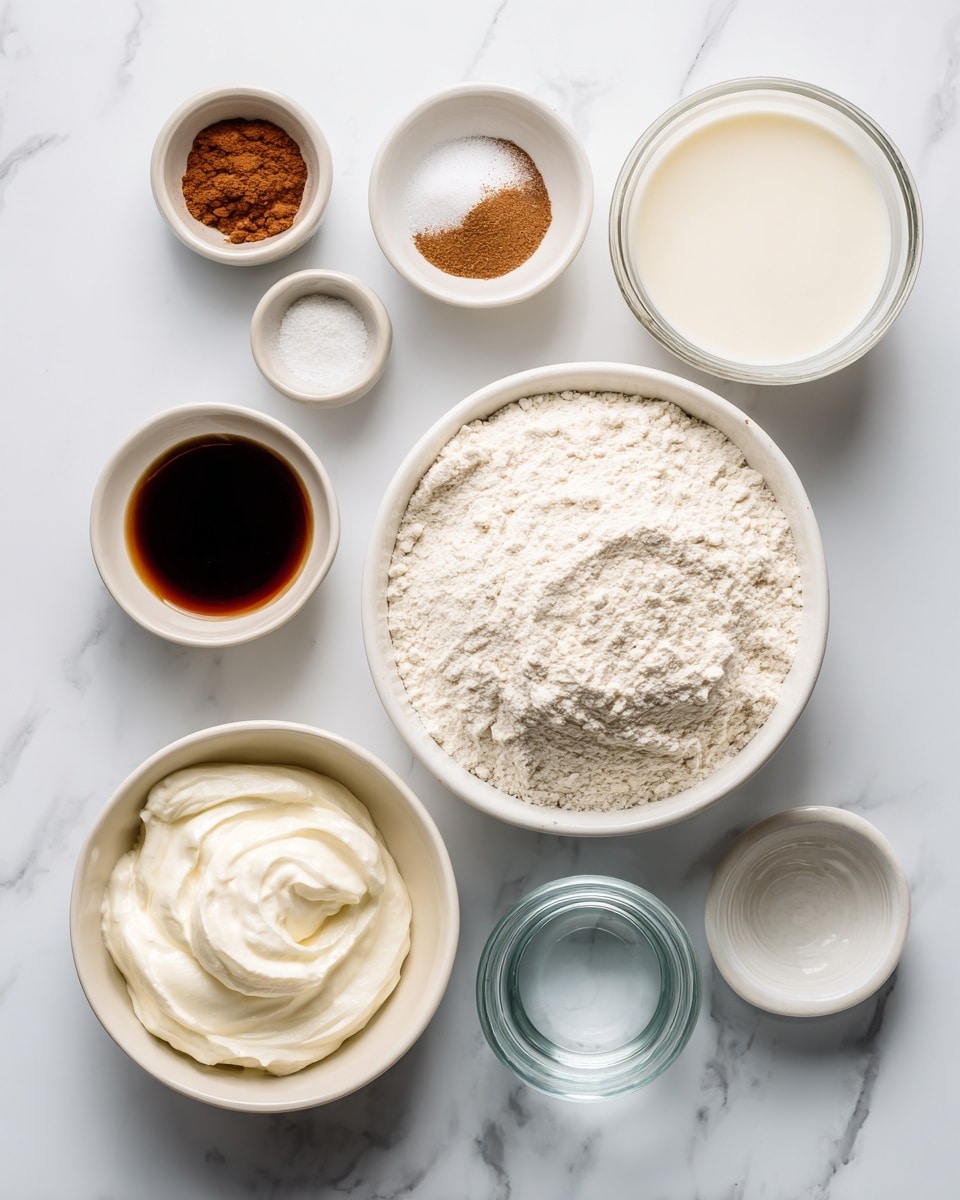 The image shows seven white bowls and one small glass bowl arranged on a white marbled surface. A large bowl in the center holds white whole wheat flour, which is off-white and powdery. Around it, there is a white bowl with baking powder, fine sea salt, and cinnamon, each in small white bowls with the cinnamon having a light brown powder texture. A large white bowl on the right side holds milk of choice, which is smooth and pale in color. A small glass bowl on the bottom left contains dark brown vanilla liquid. Below the vanilla, a white bowl holds thick, creamy Greek yogurt, and a tiny clear bowl with water is at the bottom center. Photo taken with an iphone --ar 4:5 --v 7