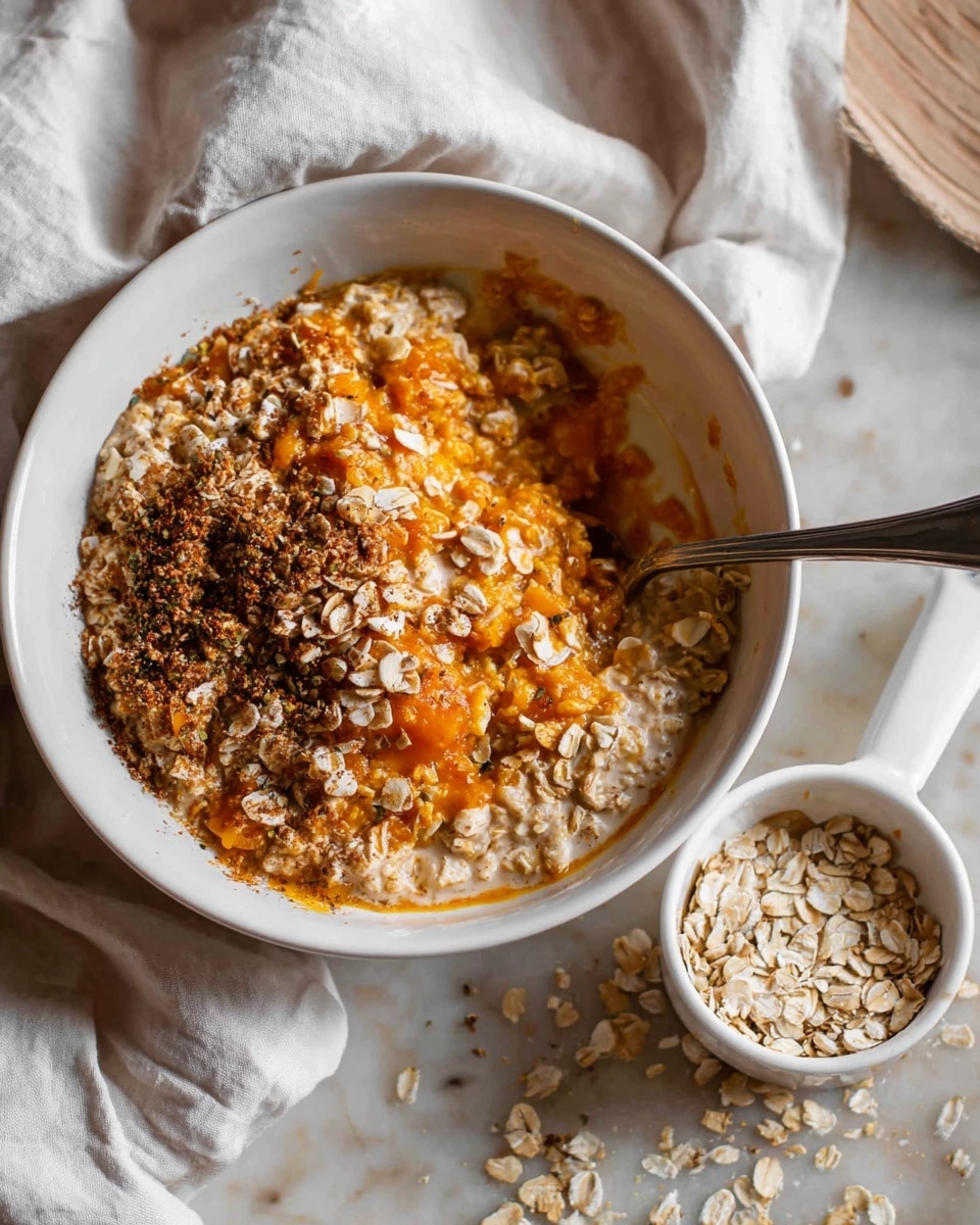 A white bowl filled with a mix of oatmeal and pumpkin puree, showing different textures and colors layered together. The bottom has a dense, dark patch of oatmeal, topped with a thick, bright orange pumpkin layer, and sprinkled with bits of dry oats throughout. The mixture looks moist with a slightly rough texture, and a silver spoon rests inside the bowl on the right side. Next to the bowl, there is a small white scooping dish with dry oats. The whole scene is set on a soft, wrinkled white marbled surface. photo taken with an iphone --ar 4:5 --v 7