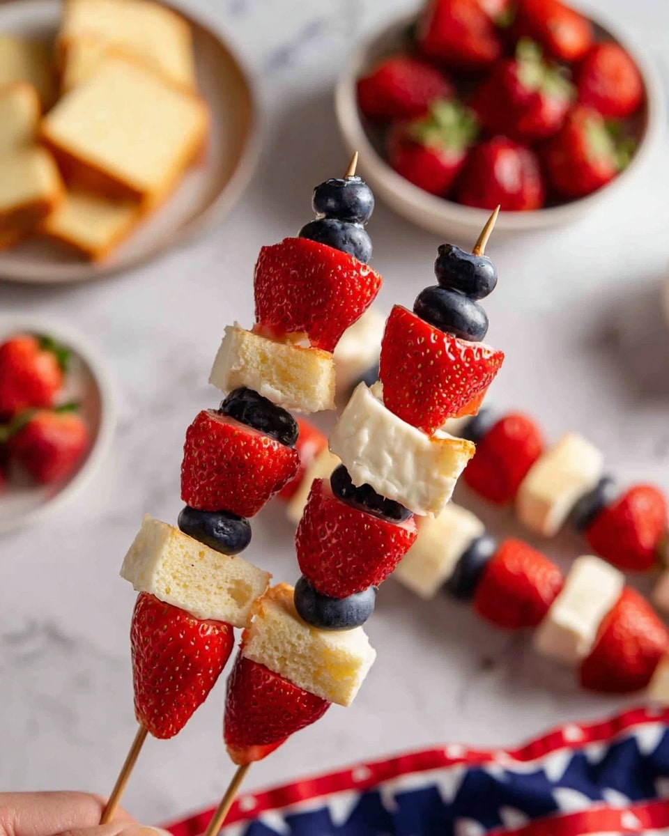 A close-up view of a skewer held by a woman's hand, featuring five layers: at the top, two small dark blue blueberries; next, a large red strawberry cut in half; below that, two white cube-shaped cake pieces with a soft texture; then another large red strawberry half; and finally, three more blueberries at the bottom. In the background, more skewers are laid flat on a white marbled surface, each with the same pattern of blueberries, strawberry halves, and cake cubes. To the left, there is a white plate with light yellow cake slices, and to the upper right, a white bowl filled with whole strawberries. A red, white, and blue patterned cloth is partially visible on the lower right side. The scene is bright and colorful with a fresh, summery feel. photo taken with an iphone --ar 4:5 --v 7