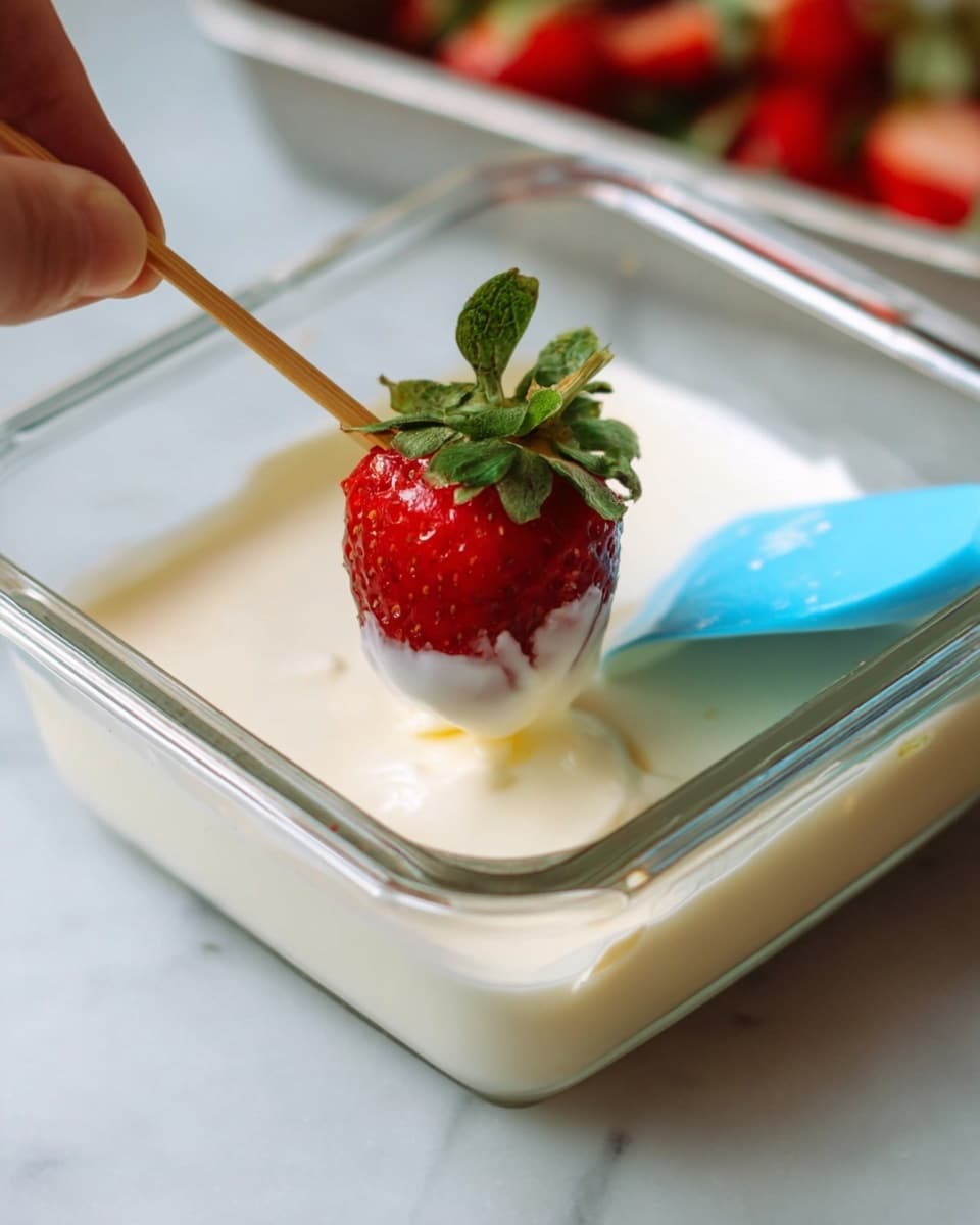 A bright red strawberry with green leaves is being dipped into a thick, smooth white creamy liquid inside a clear square glass dish. The strawberry is pierced with a thin wooden skewer showing some of the green leaves above the cream. A bright blue spatula rests in the creamy liquid beside the strawberry. The dish is placed on a white marbled surface. Photo taken with an iphone --ar 4:5 --v 7
