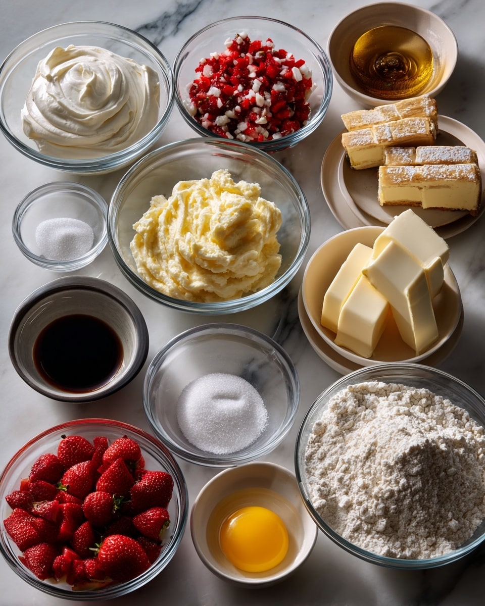 The image shows an overhead view of several clear glass bowls arranged on a white marbled surface, each bowl containing different ingredients for baking. On the left side, there are seven bowls: the top left holds thick white cream, next to it on the right is a bowl with cream cheese or a soft white ingredient; below the cream are mashed bananas in a bowl, and to the right of the bananas is a bowl of finely chopped red strawberries. Below these are three smaller bowls, one with clear liquid, one filled with white granulated sugar, and one empty or less visible. On the right side of the image, there are nine bowls: at the top, two sticks of butter in a bowl, next to it a small empty or lightly filled bowl, and salt in a black-rimmed bowl. Below these are bowls containing a large amount of white flour, white sugar, pale yellow batter or cream, golden egg yolks, and a small bowl with dark vanilla extract. All the bowls are transparent and placed neatly on the white marbled surface photo taken with an iphone --ar 4:5 --v 7