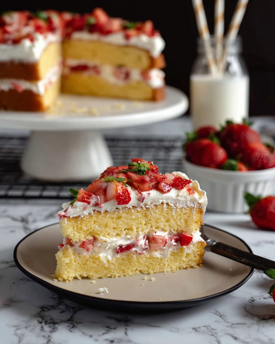 The image shows a slice of two-layer yellow sponge cake on a white plate. The cake has a layer of white cream with small red strawberry pieces between the layers and another layer of white cream with more chopped strawberries on top. The texture of the cake looks soft and moist, and the cream looks smooth and fluffy. In the back, the rest of the cake sits on a white cake stand, with a bowl of strawberries and a glass bottle with a paper straw filled with milk nearby. The surface is a white marbled texture. Photo taken with an iphone --ar 4:5 --v 7
