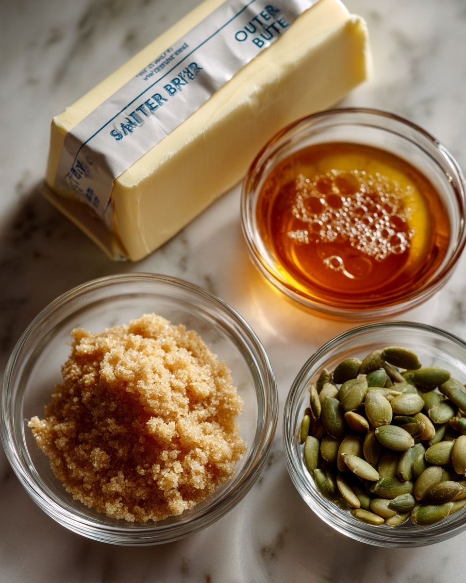 The image shows three small clear glass bowls and one wrapped stick of butter placed on a white marbled surface. The top center shows a wrapped stick of unsalted sweet cream butter with blue text on a cream-colored paper wrapper. Below that, there are three round clear bowls arranged in a triangle. The left bowl contains light brown sugar with a crumbly texture, the right bowl holds a shiny amber-colored liquid with small bubbles, and the bottom bowl is filled with green pumpkin seeds that look smooth and slightly shiny. The bowls and butter are spaced evenly with the white marbled texture background visible between them. Photo taken with an iphone --ar 4:5 --v 7