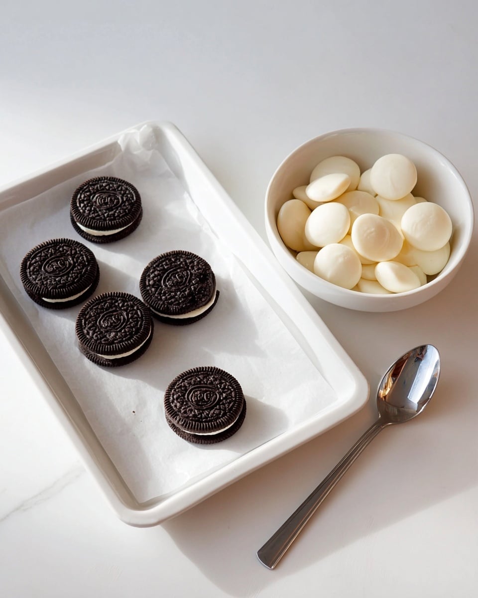 The image shows a white baking tray lined with white parchment paper holding six Oreo cookies, three of which are stacked in pairs and three are single, all placed toward the left side of the tray. Next to the tray, on a white marbled surface, there is a white bowl filled with smooth, round, white chocolate discs. A shiny metal spoon is placed on the right side of the bowl. The scene is bright and clean with a simple background. photo taken with an iphone --ar 4:5 --v 7