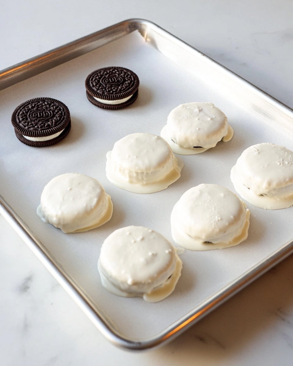 A silver baking tray lined with white parchment paper holds eight Oreo cookies arranged in two rows of four. Seven of the cookies are fully dipped in smooth white coating with some dripping slightly around the edges, creating a shiny and creamy layer around each cookie. One cookie, placed on the top left corner of the tray, remains plain with its dark chocolate cookie and white cream center visible. The background is a white marbled texture. photo taken with an iphone --ar 4:5 --v 7