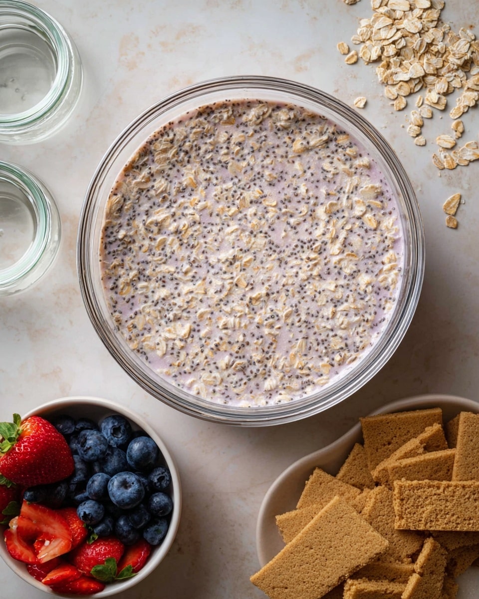 The image shows a large clear glass bowl filled with a creamy mixture of oats and chia seeds that has a light purple color with visible small black seeds and oat pieces throughout. The bowl is placed on a white marbled surface. Surrounding the large bowl, to the right, there are broken graham crackers scattered loosely on the surface. In front of the bowl, there is a small white bowl full of fresh blueberries, and next to it, a small clear dish holds fresh strawberries, some whole and some sliced. Two clear empty glass jars are placed to the left side of the large bowl. Photo taken with an iphone --ar 4:5 --v 7