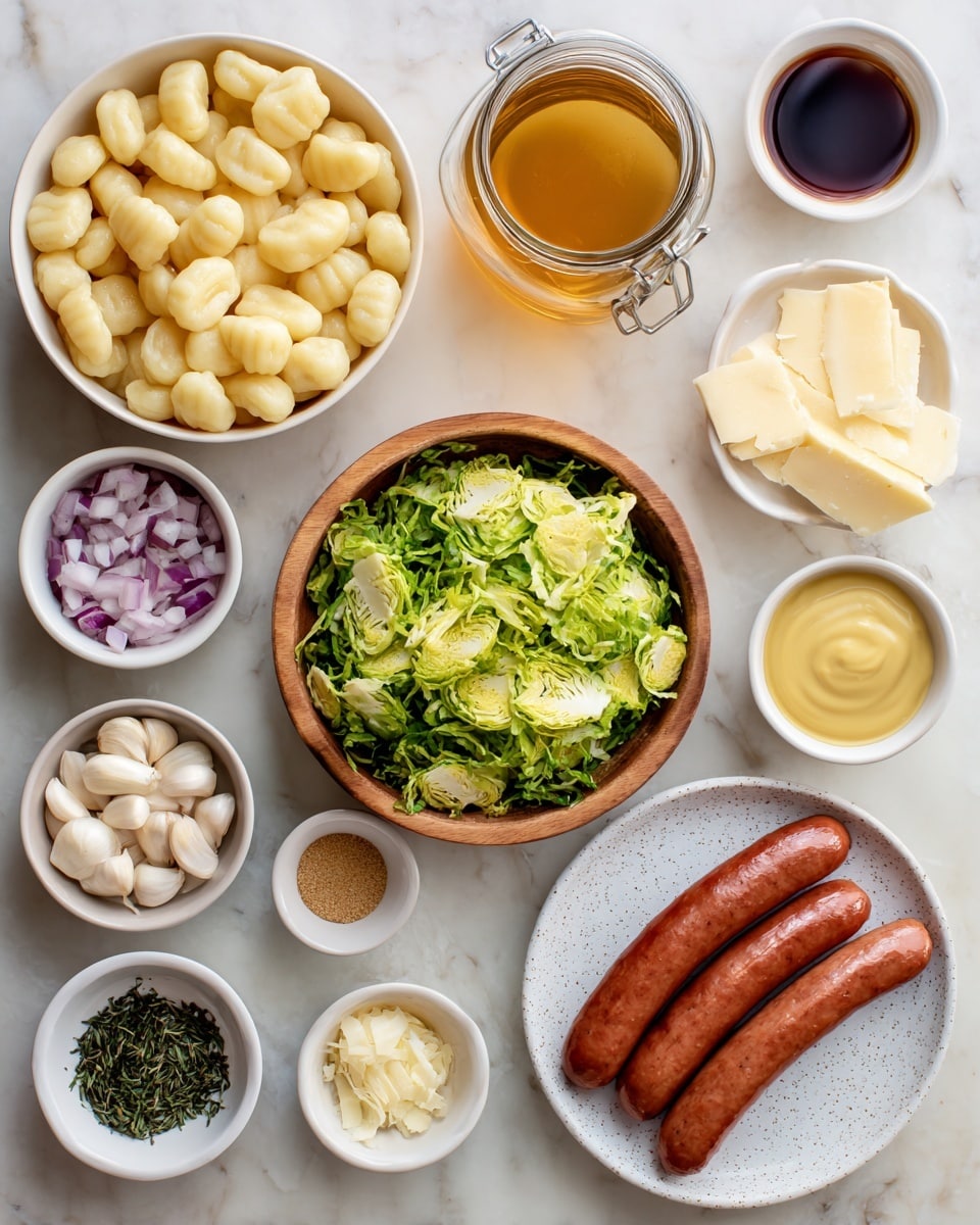 The image shows ingredients arranged neatly on a white marbled surface. At the top left is a brown box of potato gnocchi with a clear window displaying the gnocchi inside. To the right of the box is a clear glass jar filled with golden broth and next to it a small white bowl with amber apple cider vinegar. Below these, two large reddish-brown sausages lie side by side on a speckled white plate. In the center is a wooden bowl filled with bright green shredded Brussels sprouts. Around the bowl are small white bowls with various ingredients: diced shallots with purple and white tones, three peeled garlic cloves, finely chopped dark green rosemary, a mound of creamy yellow mustard, light brown maple syrup, and pale off-white shaved Parmesan cheese. The colors are natural and fresh, with each ingredient clearly visible and distinct. photo taken with an iphone --ar 4:5 --v 7