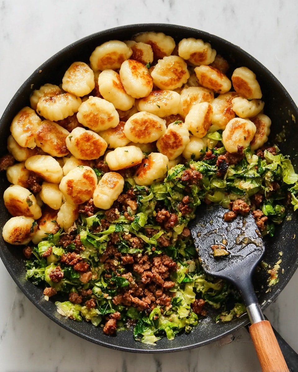 A black pan filled with three layers of food sits on a white marbled surface. The bottom layer is chopped, cooked green vegetables mixed with browned bits of meat scattered evenly. On top of this is a thick pile of golden-brown gnocchi, some pieces showing light crisp spots from cooking. A black spatula with a wooden handle scoops into the pan on the lower right side, revealing the mix of vegetables and meat beneath the gnocchi. photo taken with an iphone --ar 4:5 --v 7