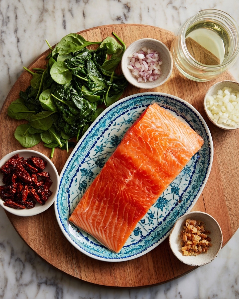 A large piece of bright orange salmon lies flat on a blue and white patterned plate centered on a round wooden board. Around the salmon on the board are small white bowls filled with ingredients: pale chopped garlic, light pink chopped shallots, dark red sun-dried tomatoes in a speckled bowl, fresh green spinach leaves spread out in a pile, a clear glass cup with a light cream-colored liquid, and a small glass jar with light yellowish white wine. The background shows a white marbled texture. photo taken with an iphone --ar 4:5 --v 7