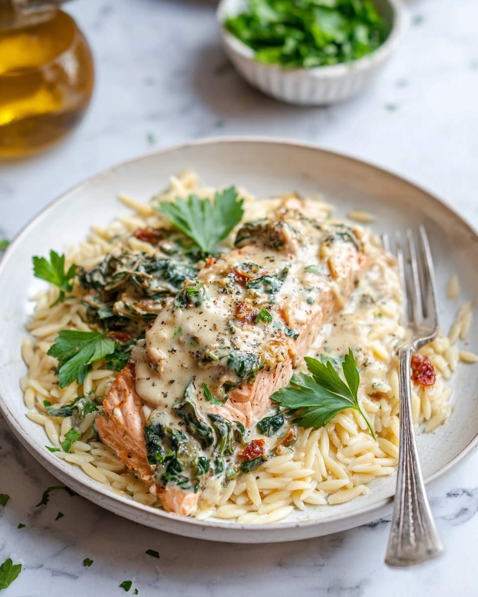 A white round plate sits on a white marbled surface, holding a bed of light cream-colored orzo pasta as the bottom layer. On top of the pasta, there is a thick piece of salmon covered with a creamy sauce speckled with black pepper. The sauce has visible bits of green spinach and sun-dried tomato pieces, adding texture and color contrast. Three fresh green parsley leaves are placed on the salmon and sauce as garnish. A silver fork is set on the right side of the plate with the handle resting on the surface. In the background, slightly out of focus, is a small white bowl of fresh parsley and a glass bottle with golden liquid. Photo taken with an iphone --ar 4:5 --v 7